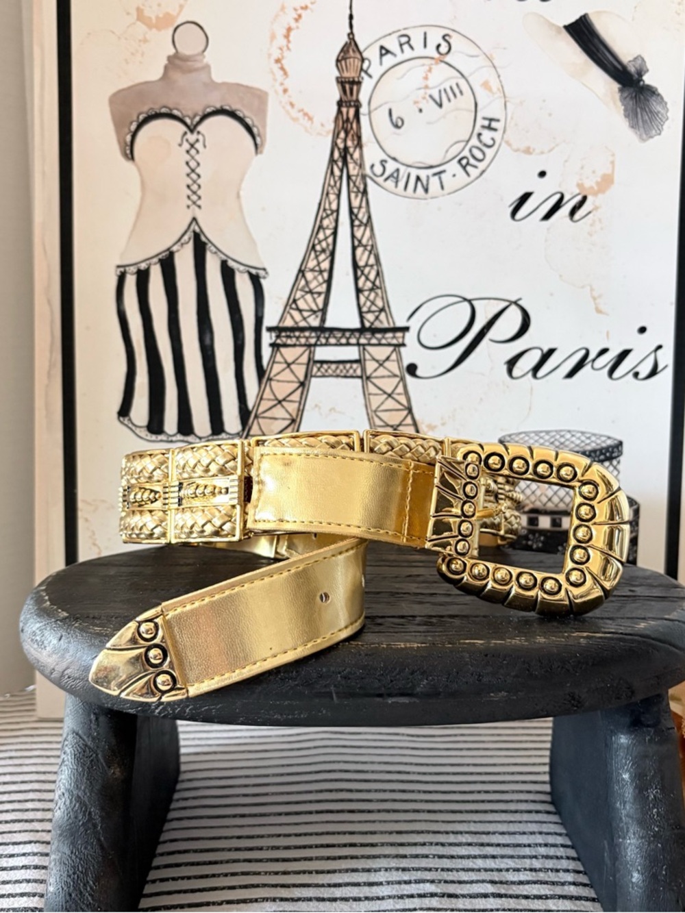 Vintage Captiva Gold Leather & Metal-Tone Decorative Belt w Adjustable Buckle L